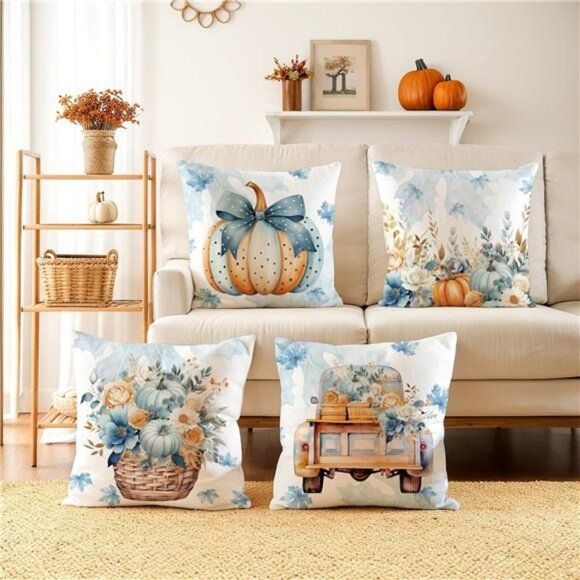 Fall Pumpkin Pillow Covers Set of 4 Velvet 18x18 Blue Orange Decorative Cushions - Picture 5 of 8